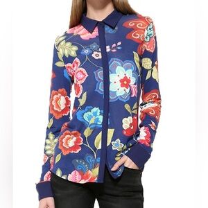 Desigual Shirt Casual Floral Design Sheer Blouse Woman’s Size S